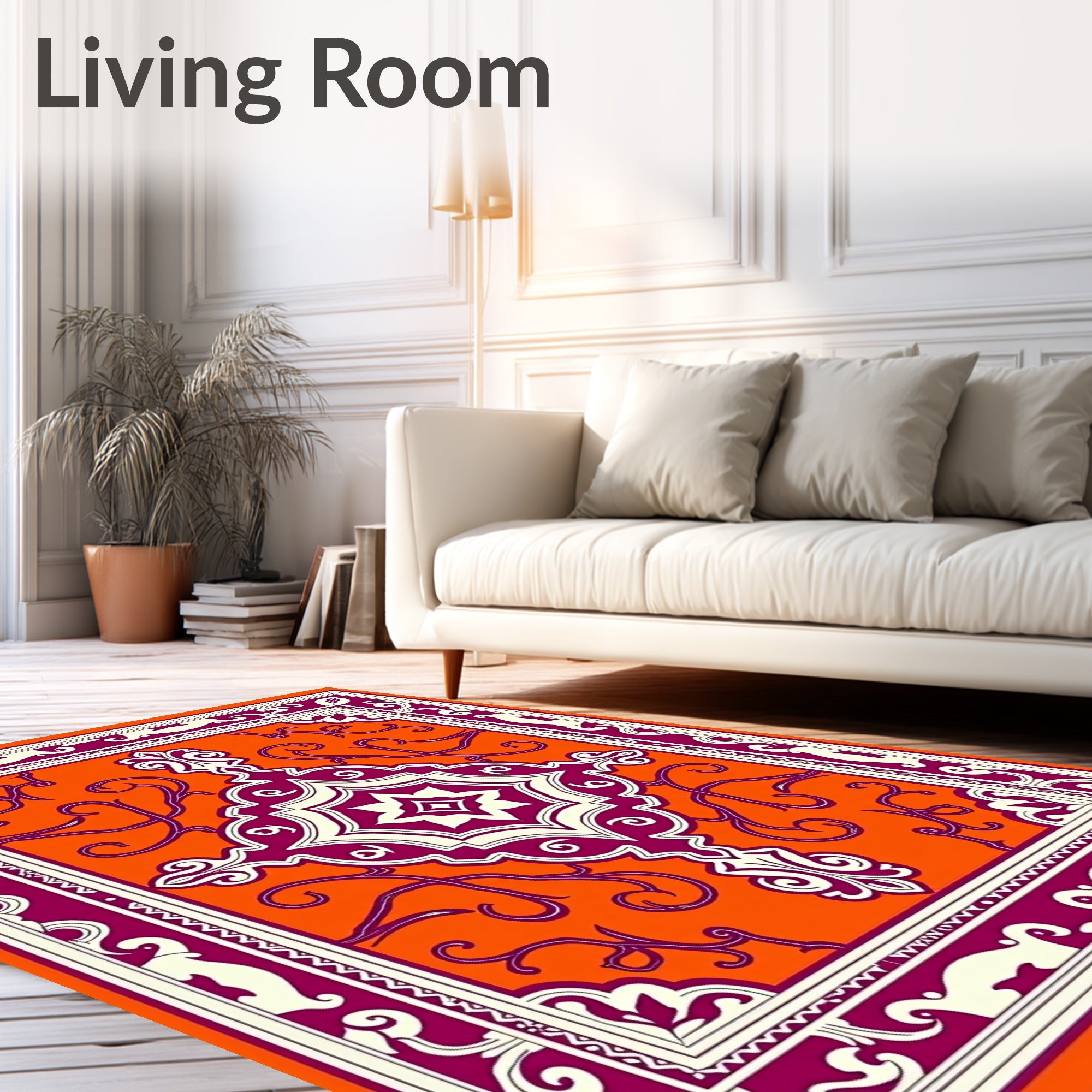 Vibrant Orange Plum Medallion Border Rug