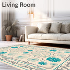 Teal Seashell Floral Abstract Border Rug