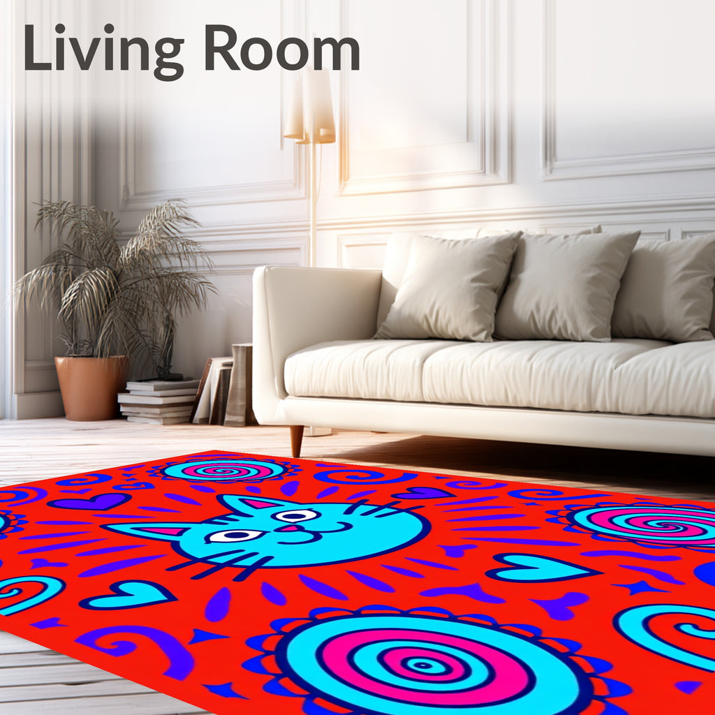 Bright Blue Cat Hearts Swirls Medallions Rug