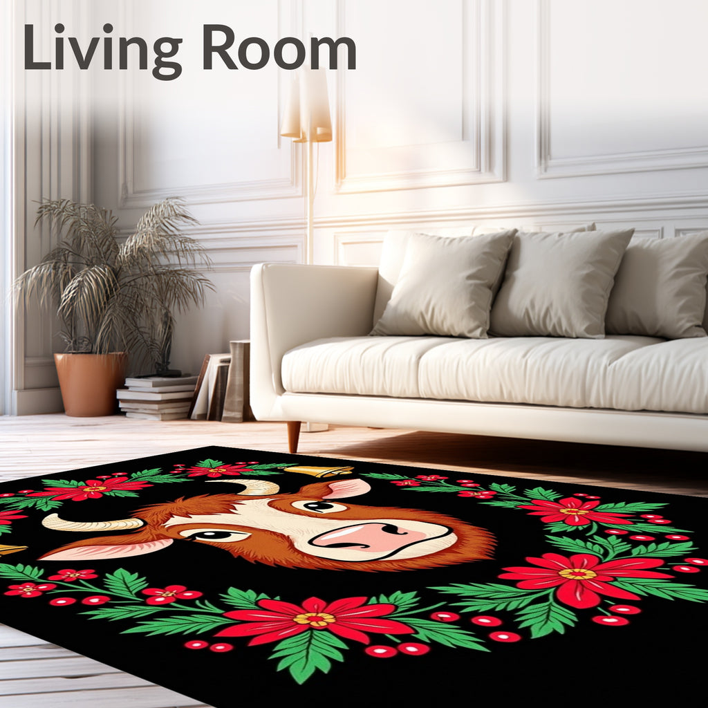 Whimsical Bull Floral Bell Wreath Rug