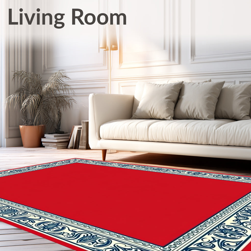 Crimson Cream Navy Scrollwork Border Rug