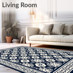Dark Blue Cream Quatrefoil Border Rug