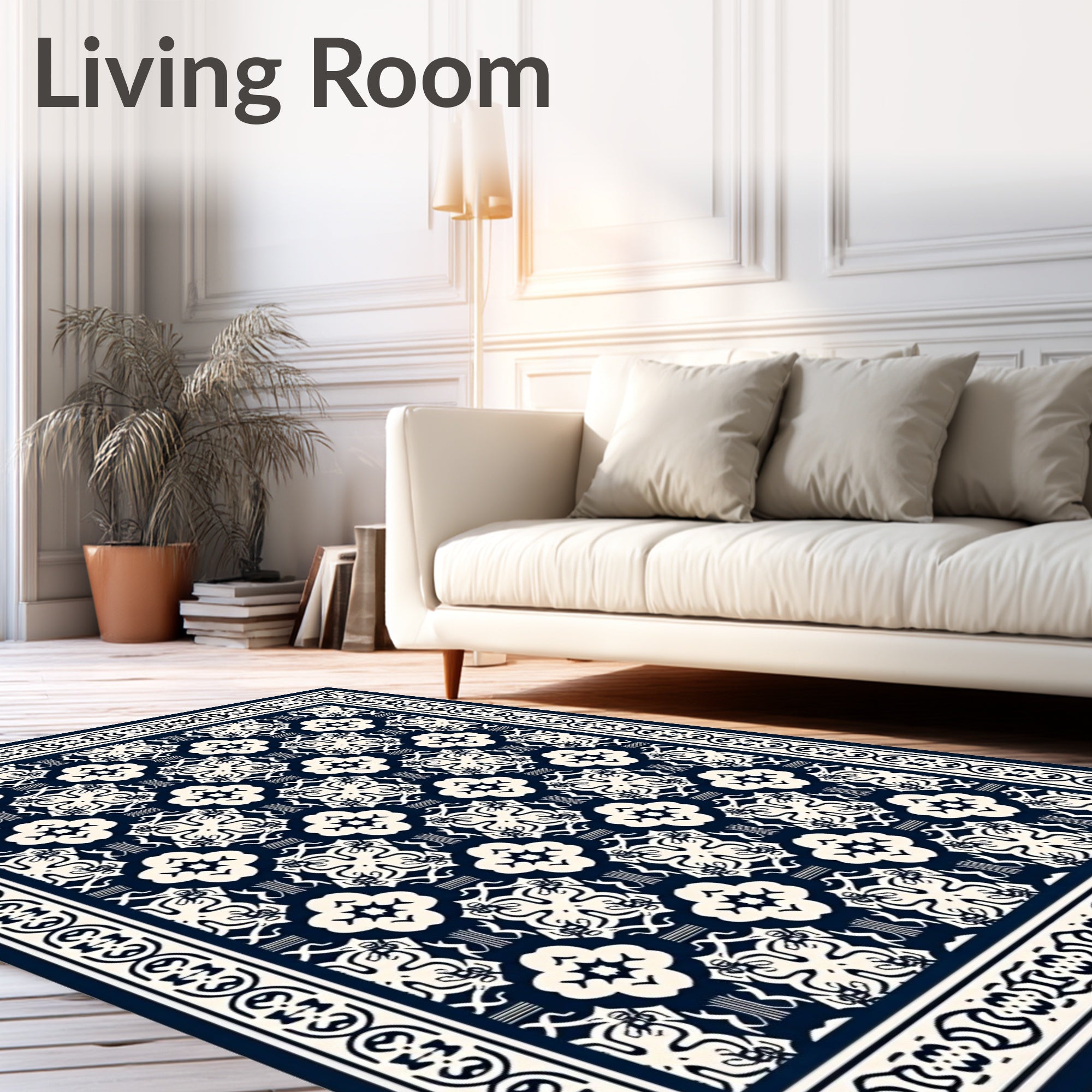 Dark Blue Cream Quatrefoil Border Rug
