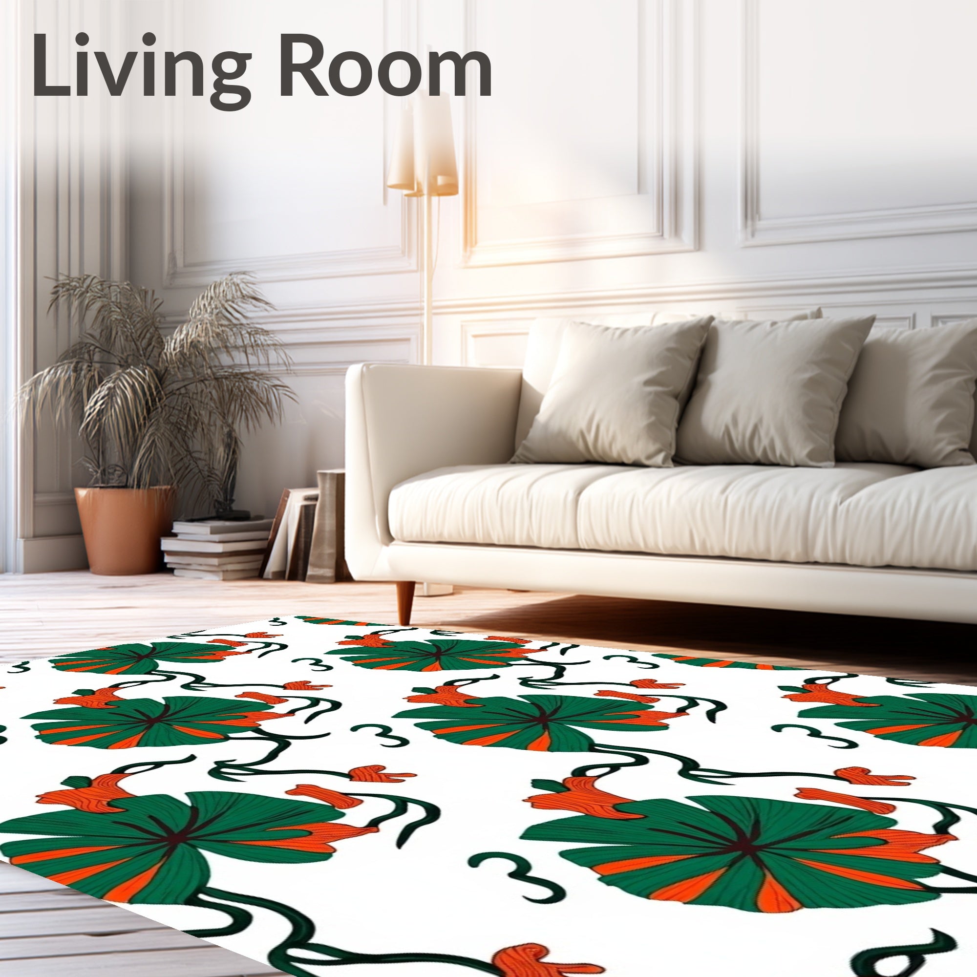 Vibrant Green Orange Floral Vine Rug