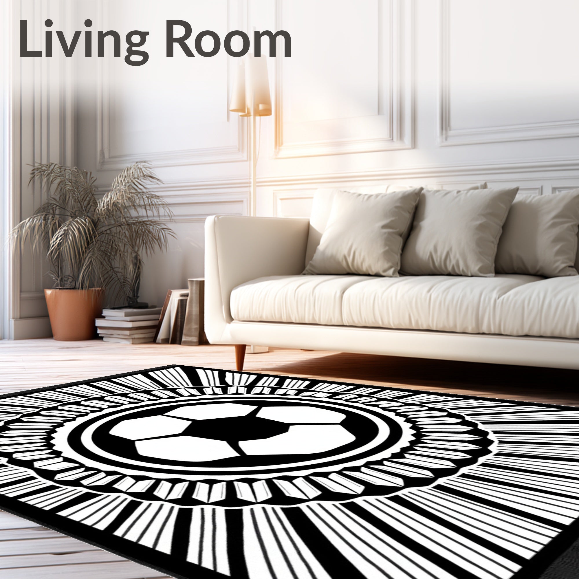 Monochromatic Soccer Ball Sunburst Rug