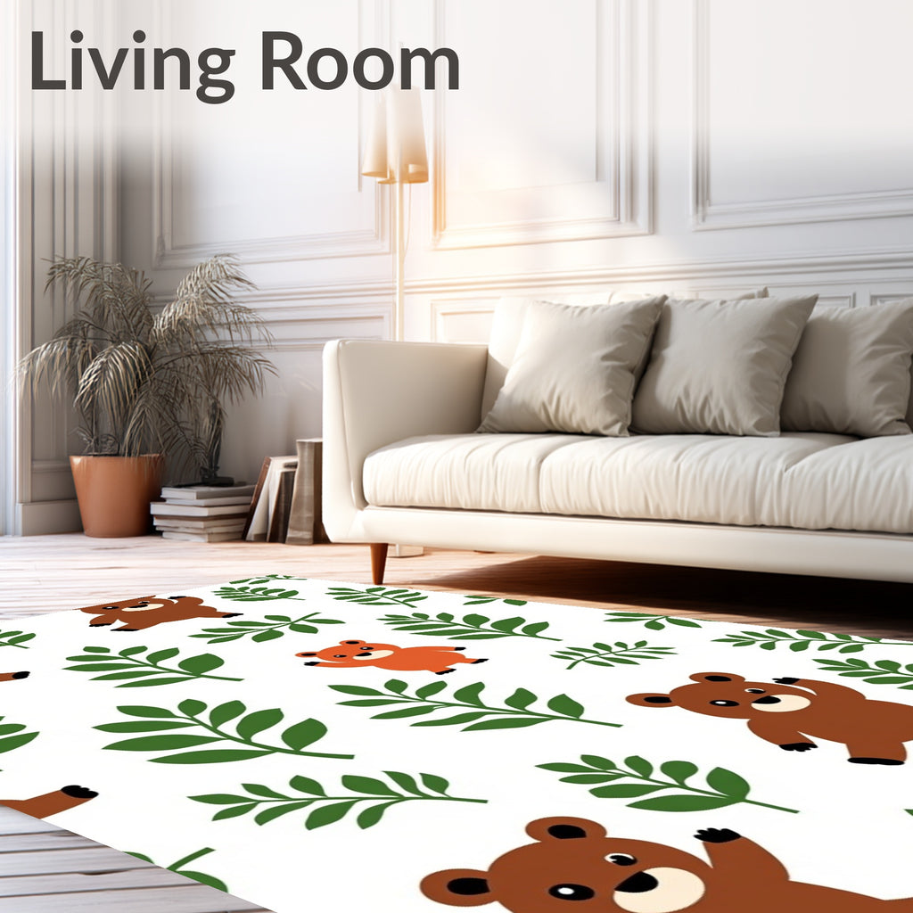 Playful Brown Bears Green Leaf Woodland Rug