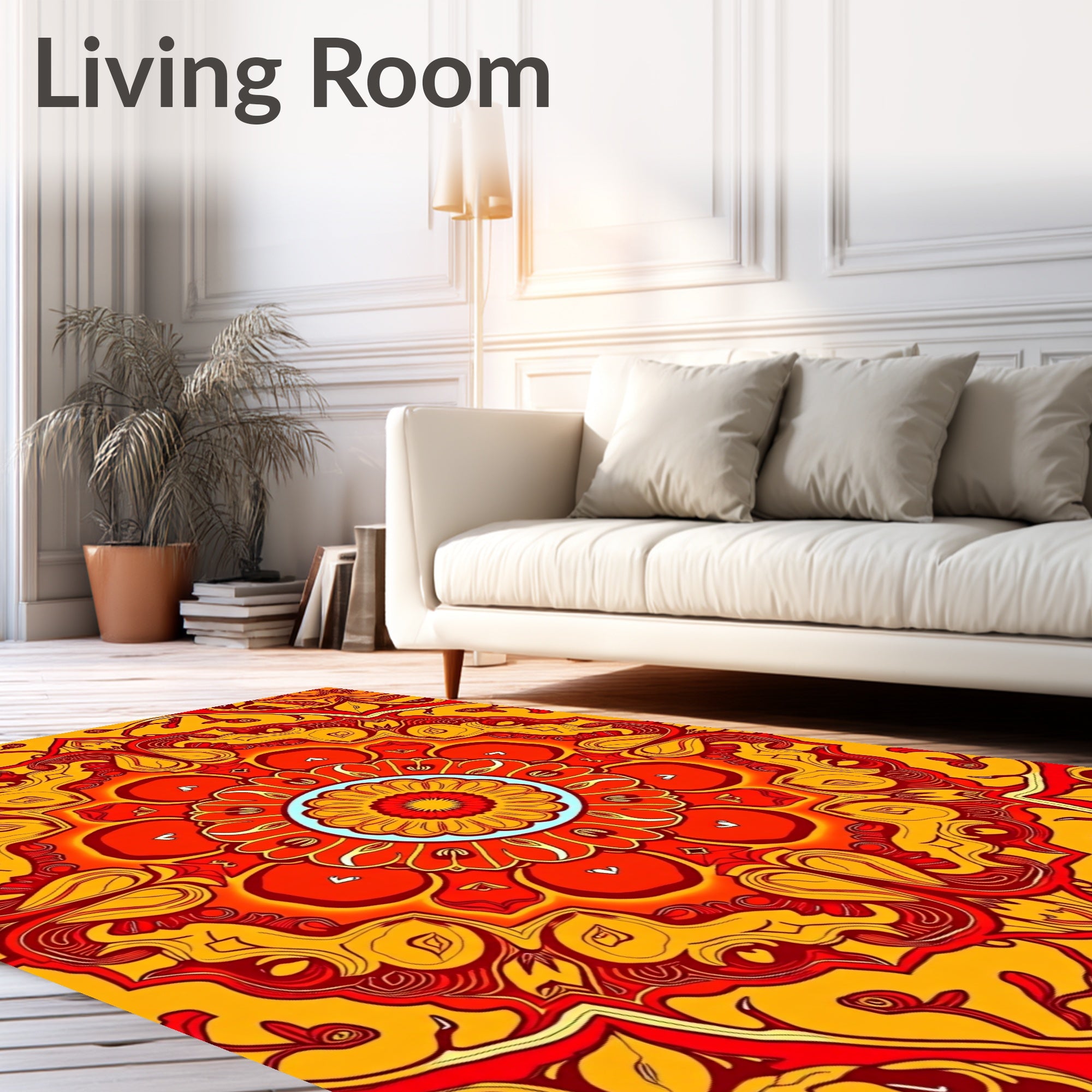 Vibrant Red Orange Sunburst Mandala Rug