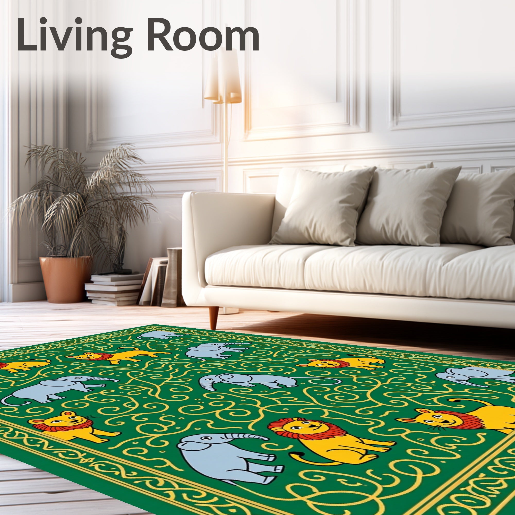 Emerald Green Lion Elephant Swirls Rug