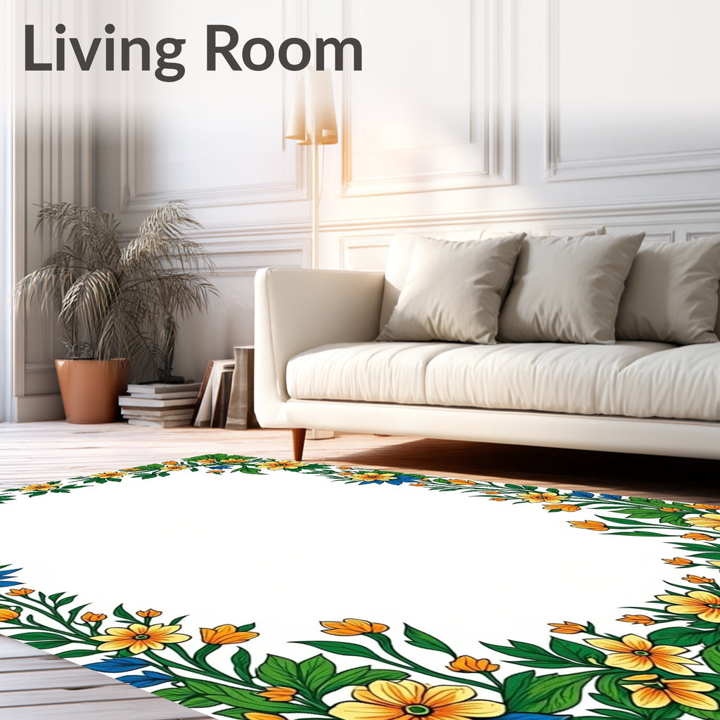 Yellow Blue Floral Border Arrangement Rug