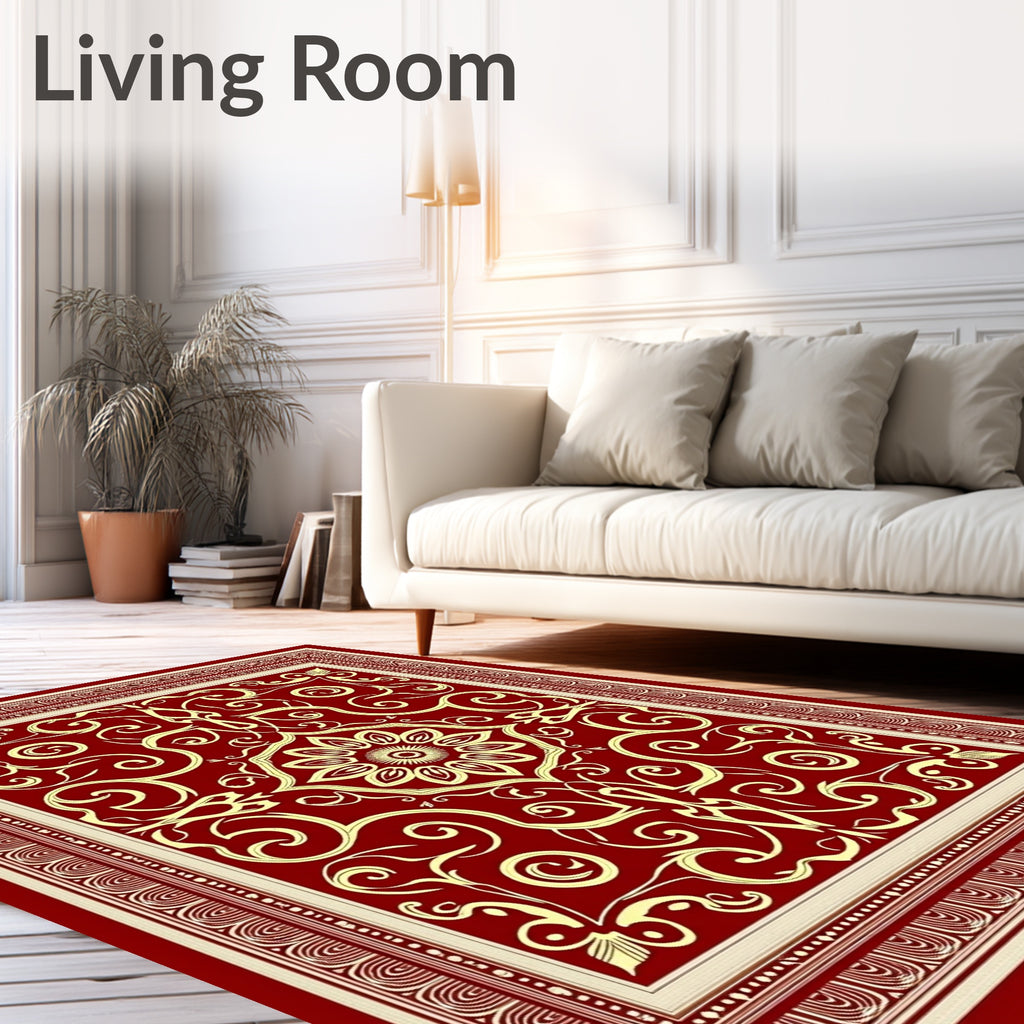 Rich Crimson Golden Scroll Medallion Rug