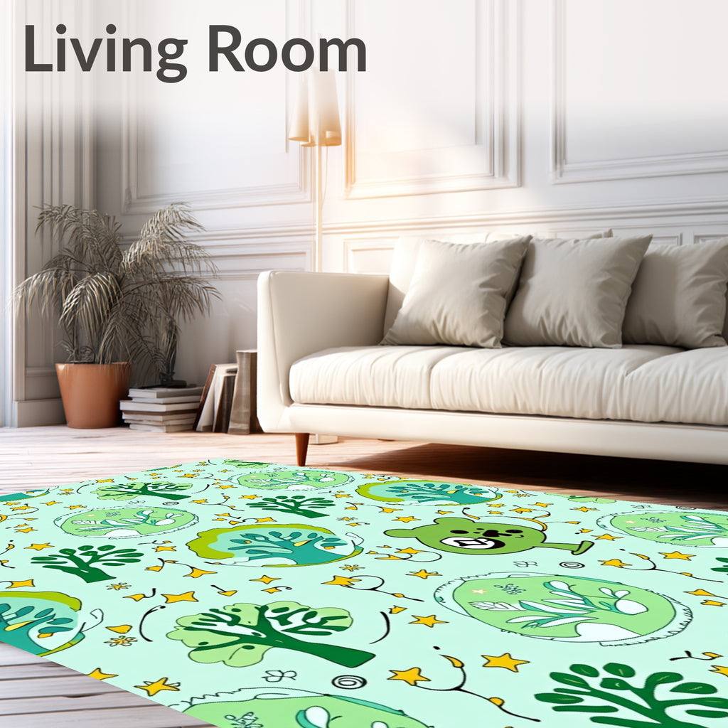 Whimsical Green Nature Bear Trees Stars Rug