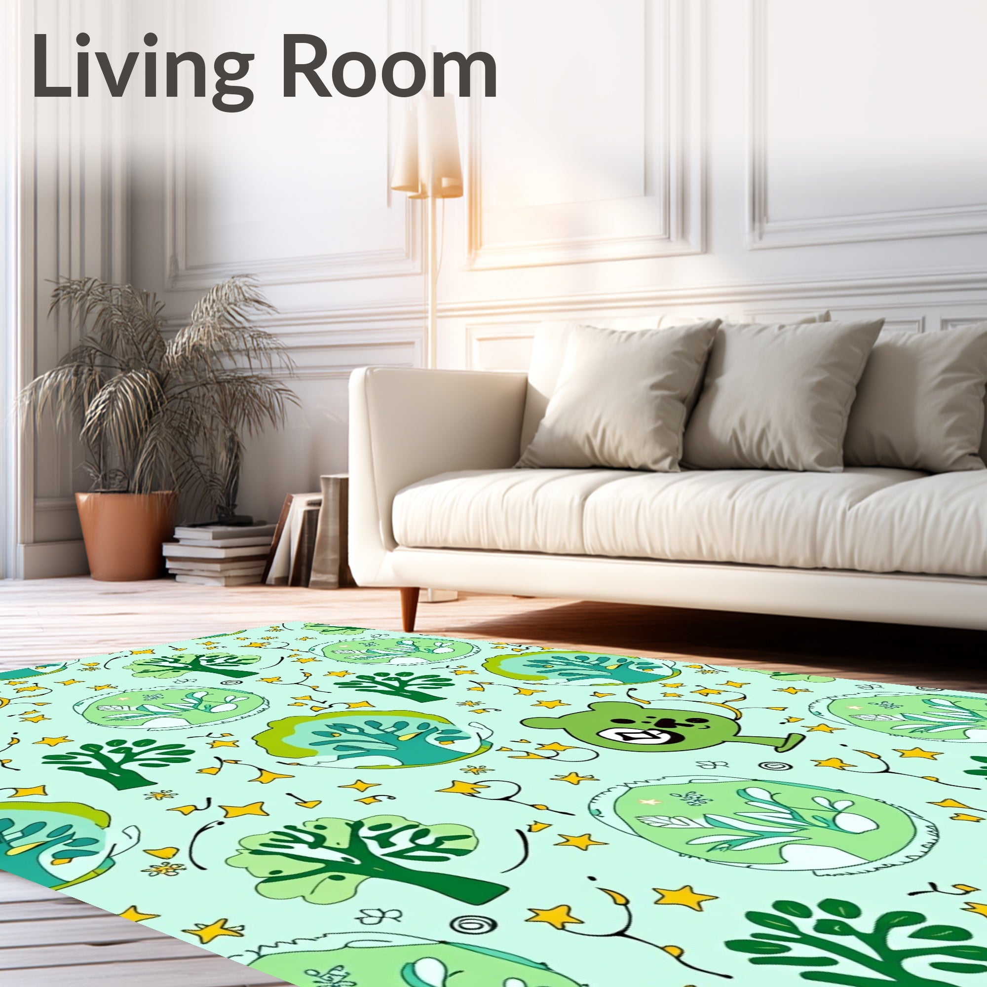 Whimsical Green Nature Bear Trees Stars Rug