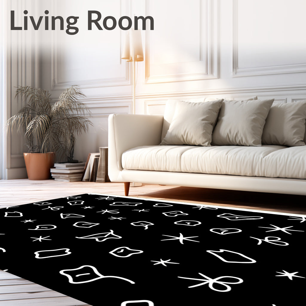 Abstract Black White Scattered Shapes Rug