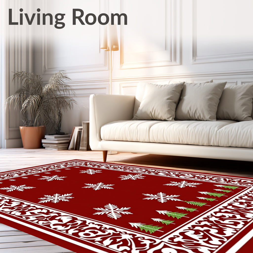 Crimson Snowflakes Evergreen Forest Border Rug