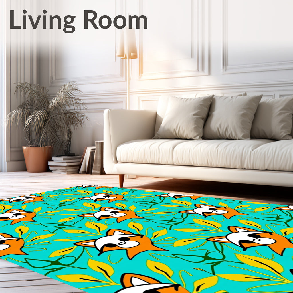 Cute Orange Raccoon Turquoise Leafy Garden Rug