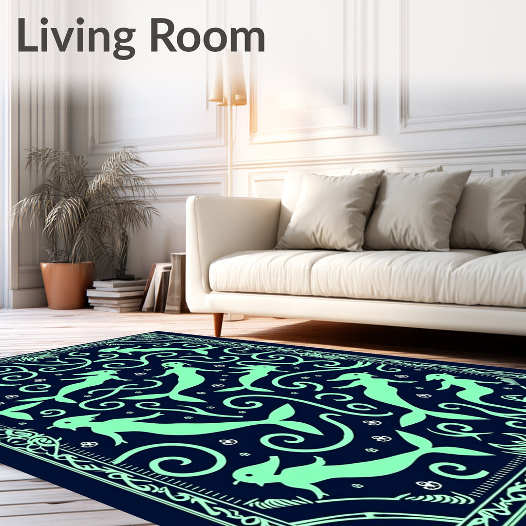 Aquatic Mermaids Neon Whimsical Navy Rug