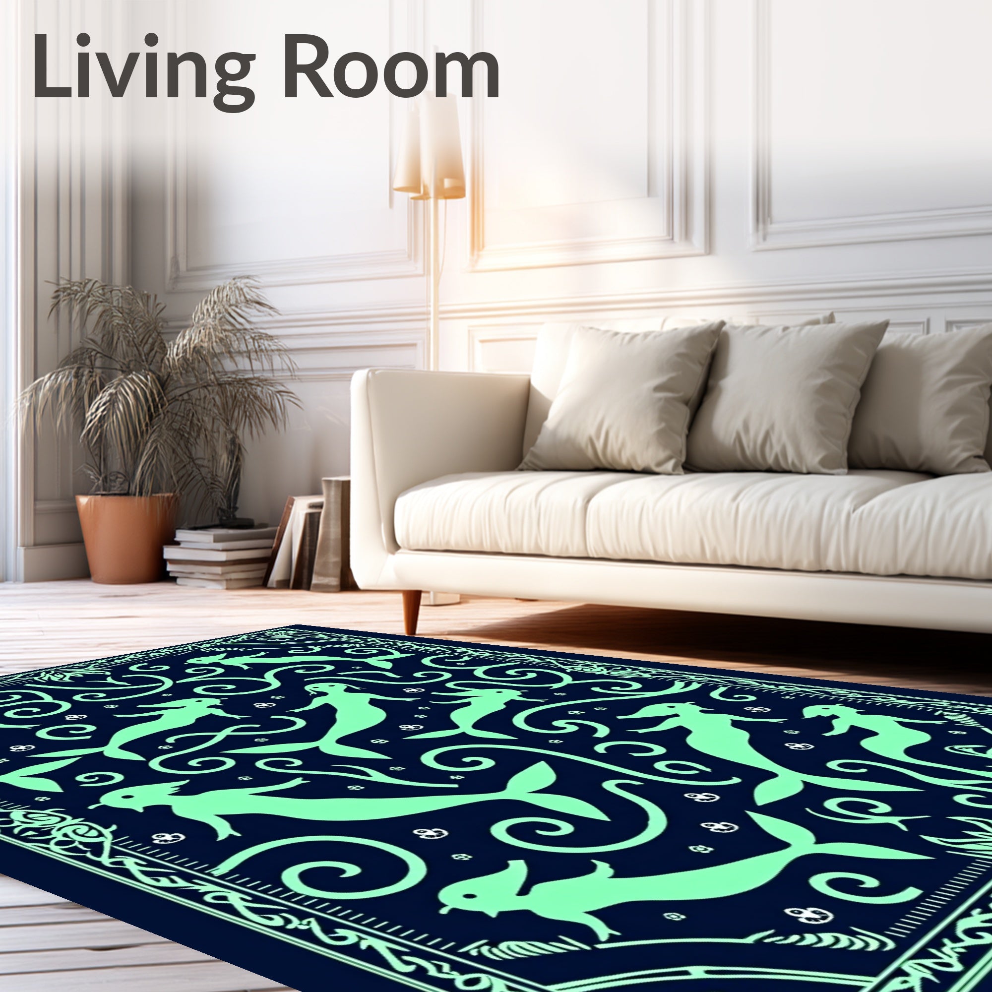 Aquatic Mermaids Neon Whimsical Navy Rug