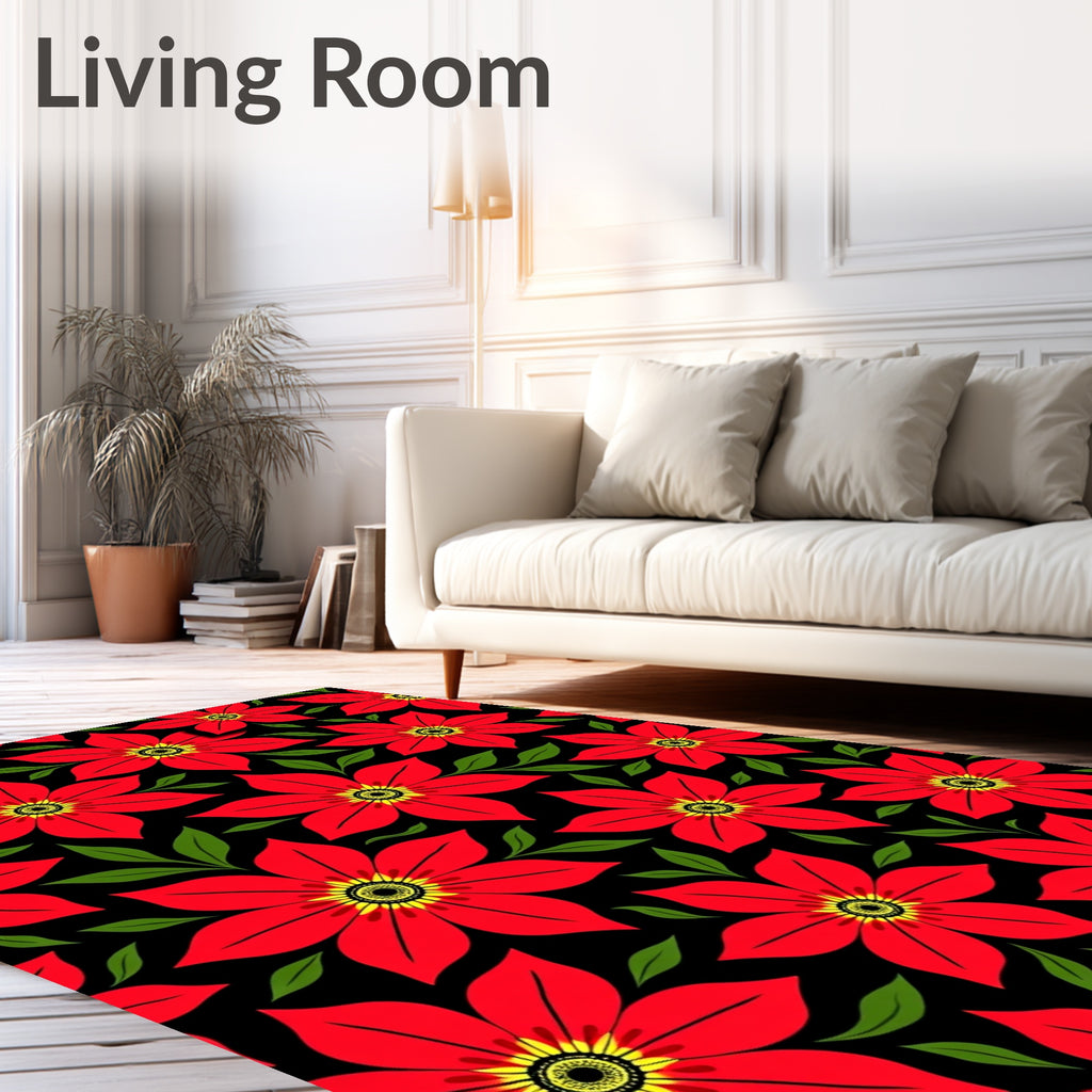 Vibrant Red Flower Leafy Black Rug