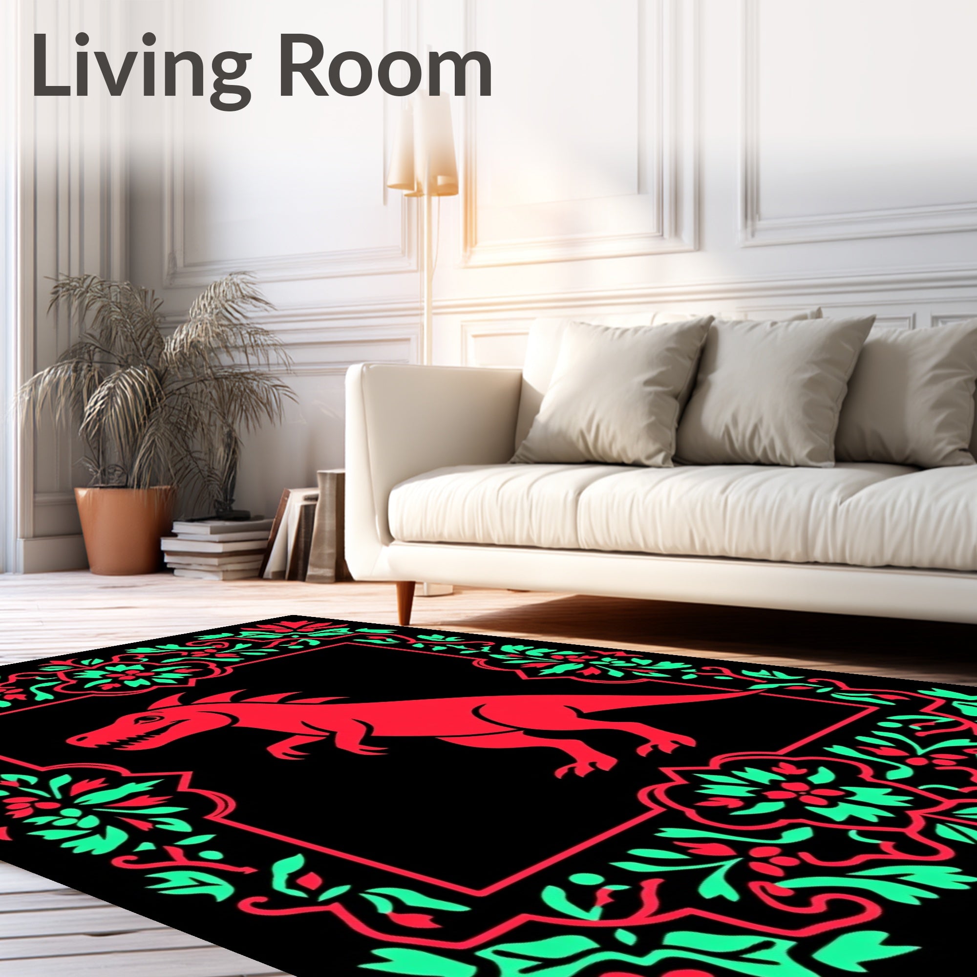 Red Dinosaur Floral Frame Rug