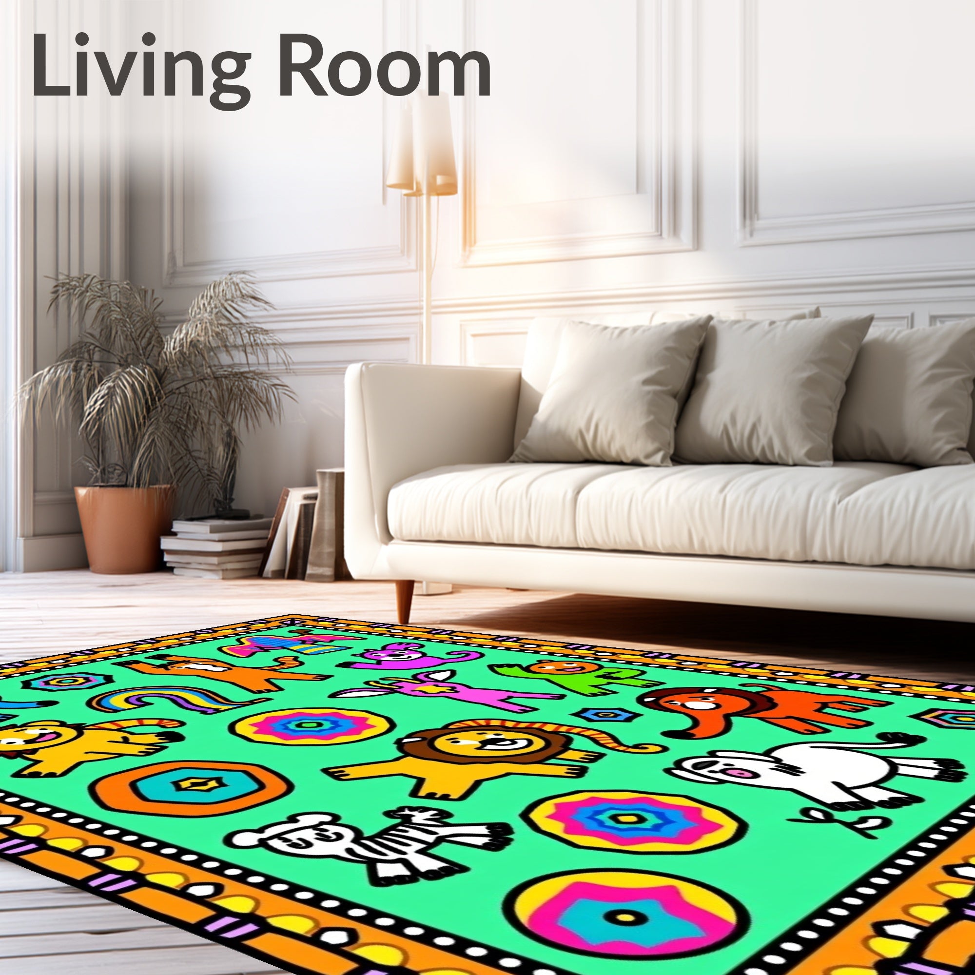 Jubilant Cartoon Animals Colorful Border Rug