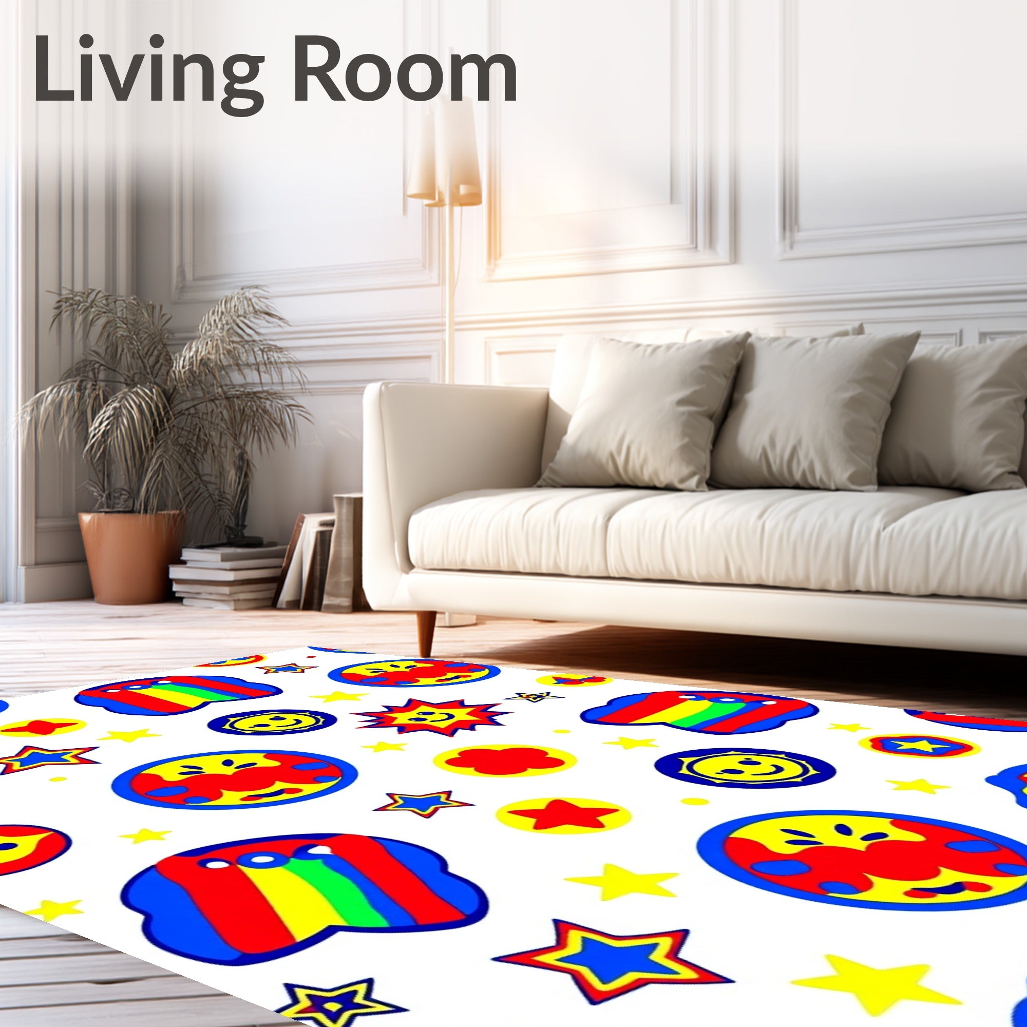 Playful Rainbow Star Smiley Faces Rug