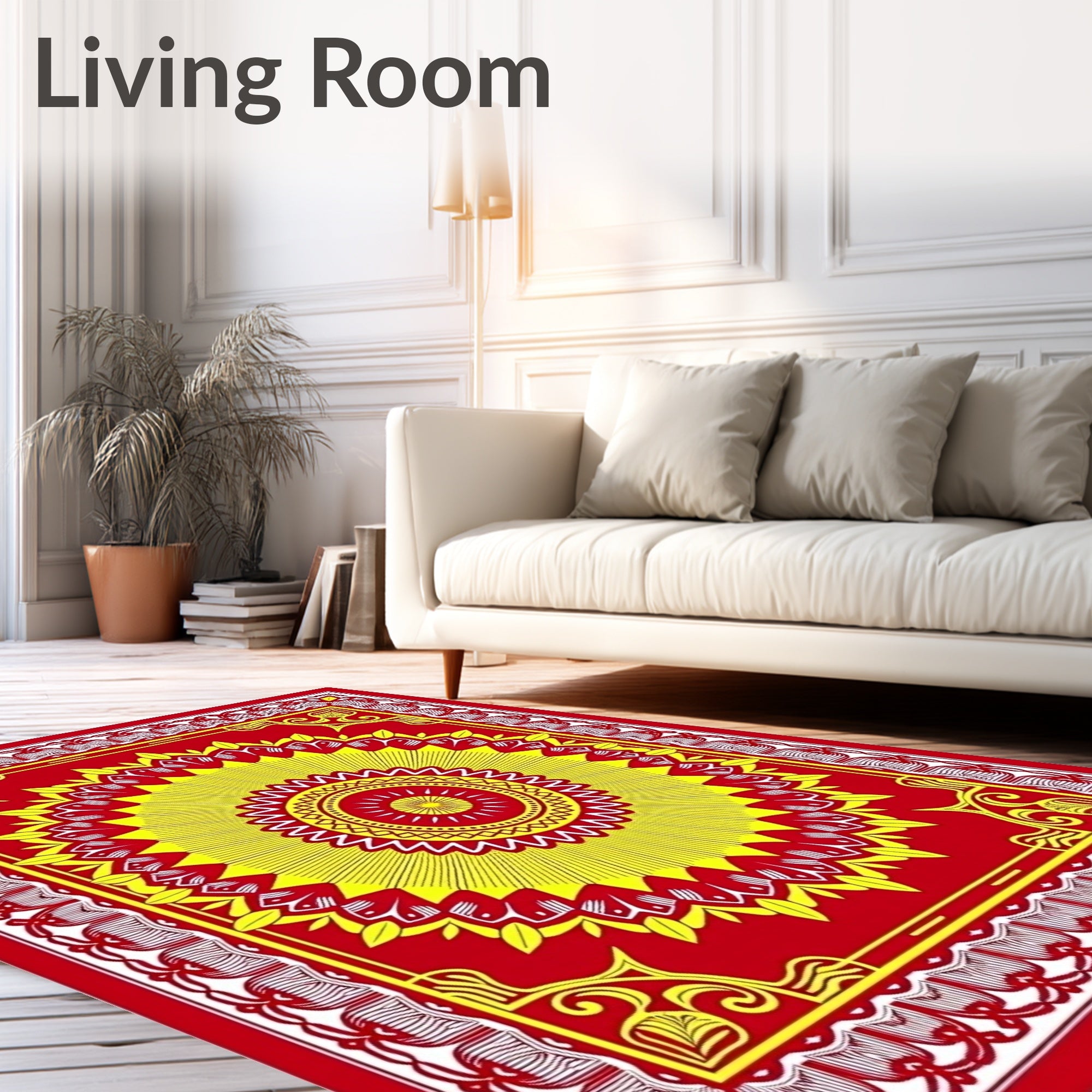 Vibrant Sunburst Red Yellow Medallion Rug