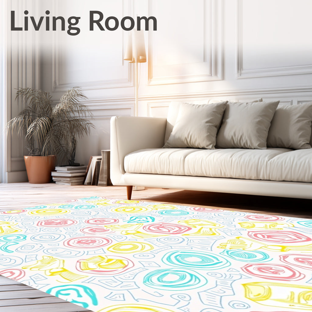 Whimsical Pink Blue Yellow Abstract Shapes Rug