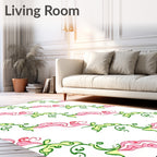 Pink And Green Swirling Floral Vines Rug