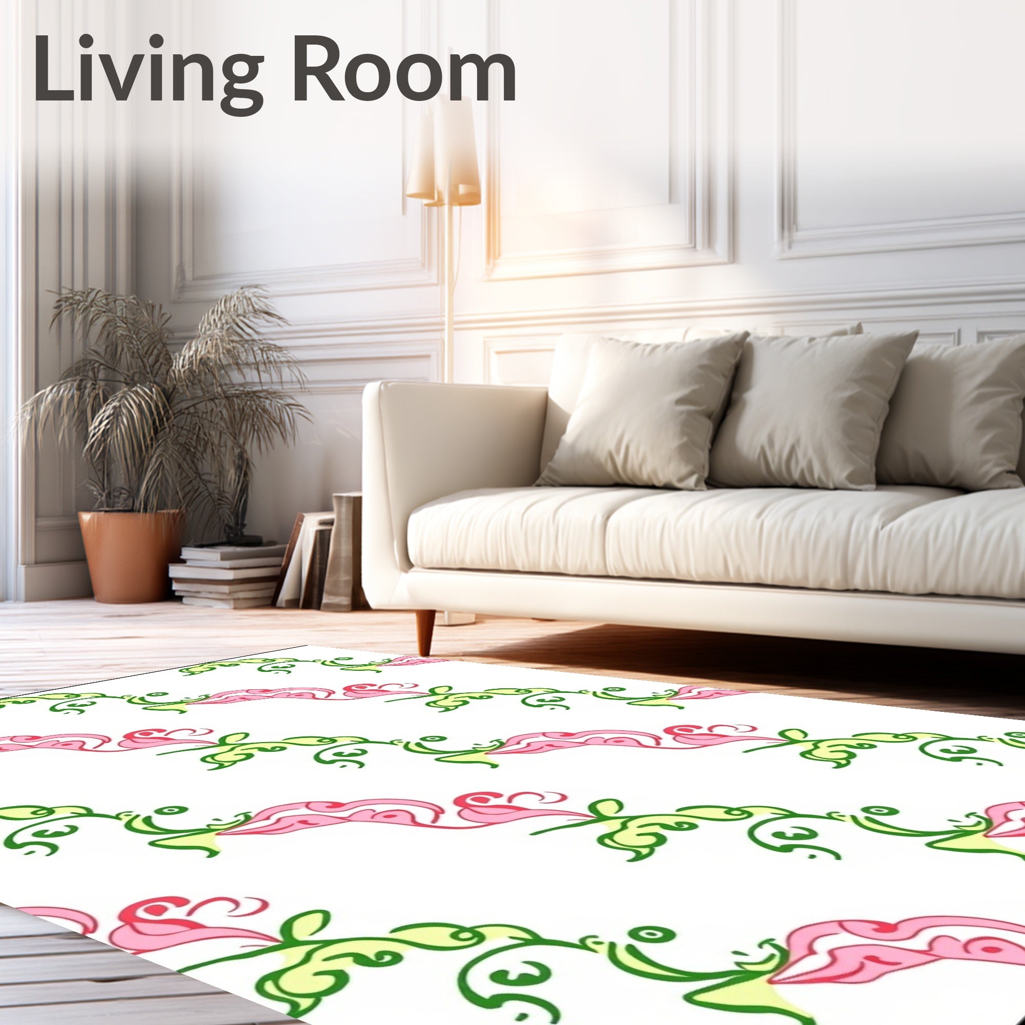 Pink And Green Swirling Floral Vines Rug