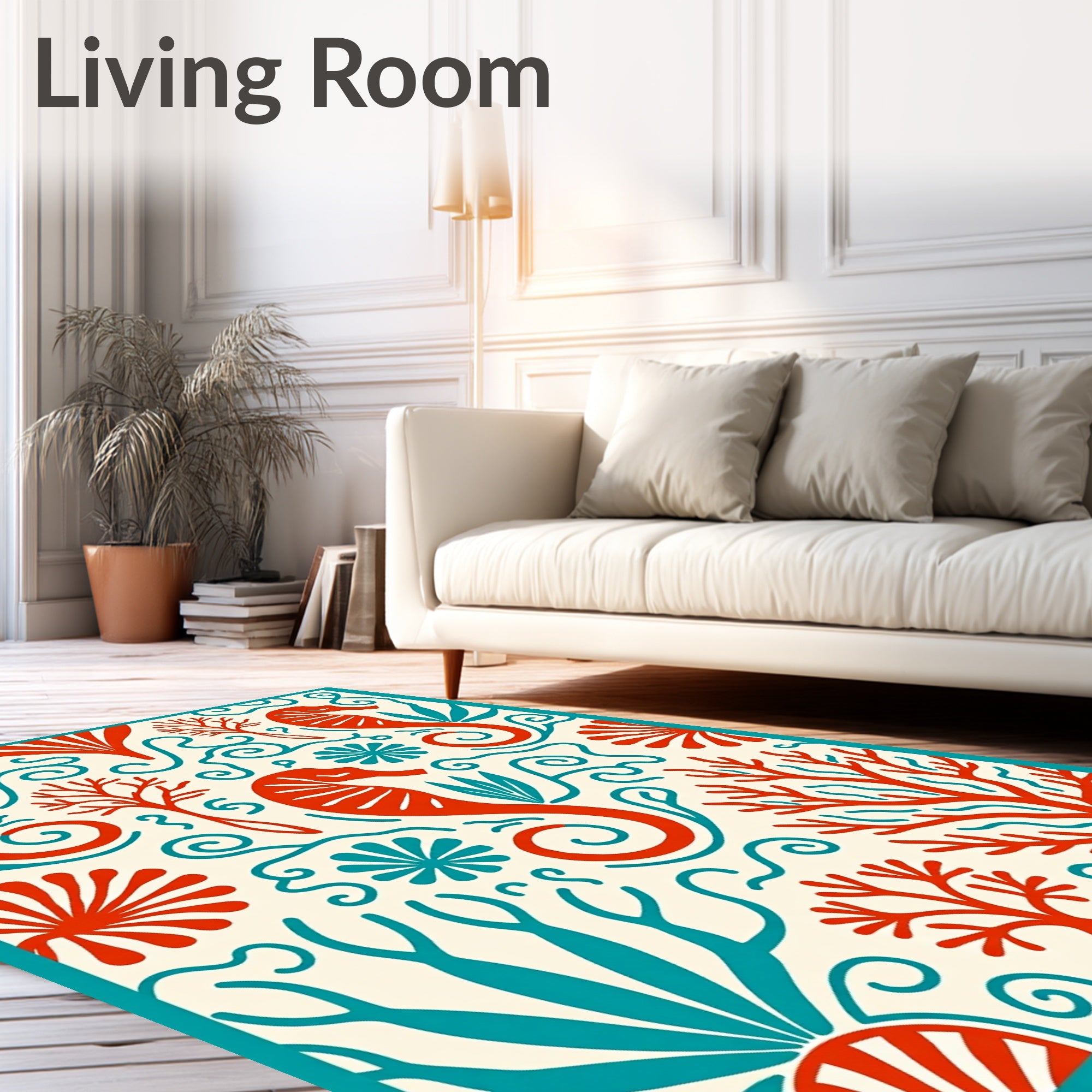 Nautical Red Seahorse Coral Swirls Rug