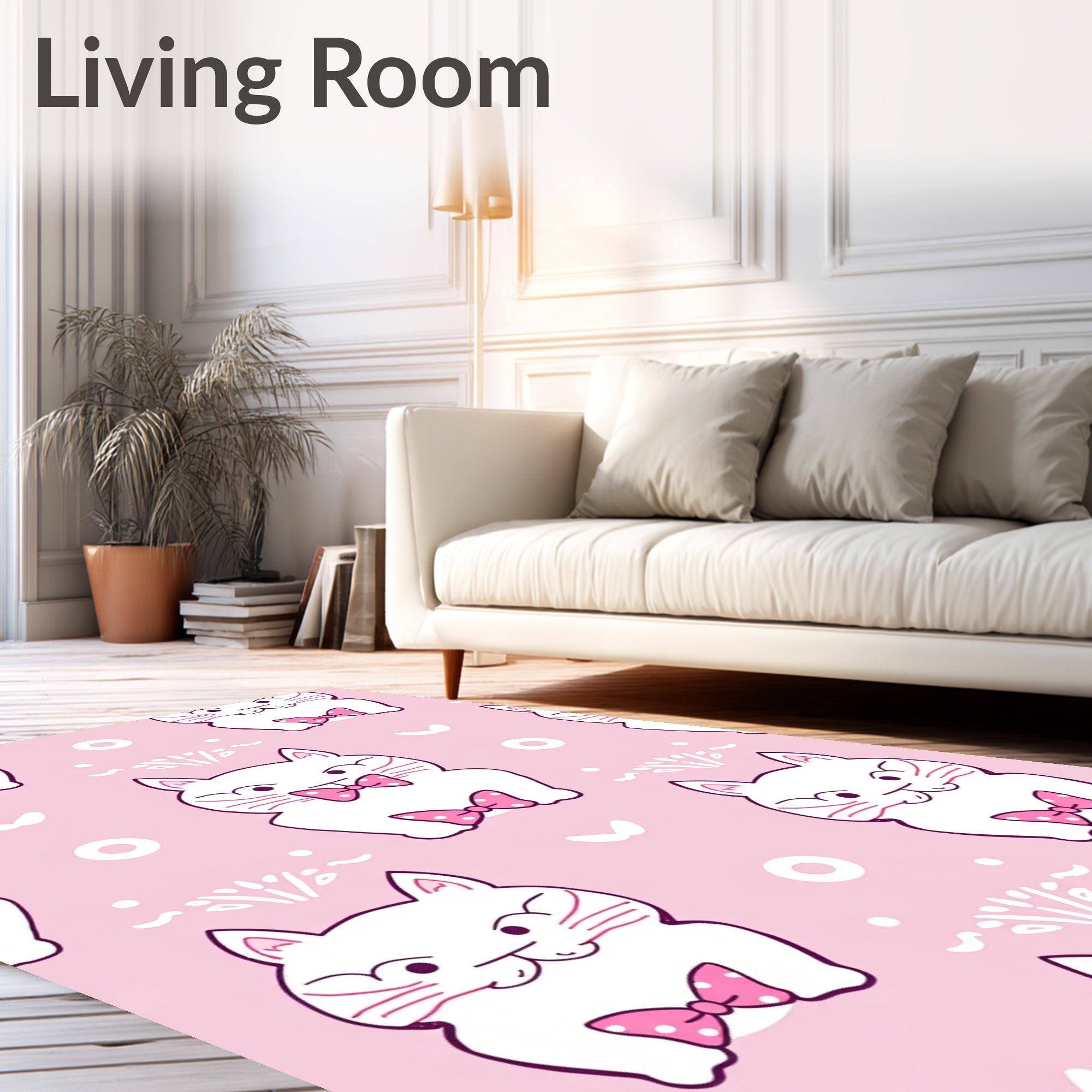 Pink Whimsical Cat Polka Dot Bow Rug