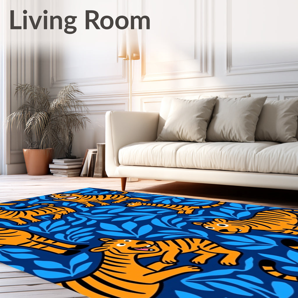 Orange Tigers Blue Leaves Jungle Rug