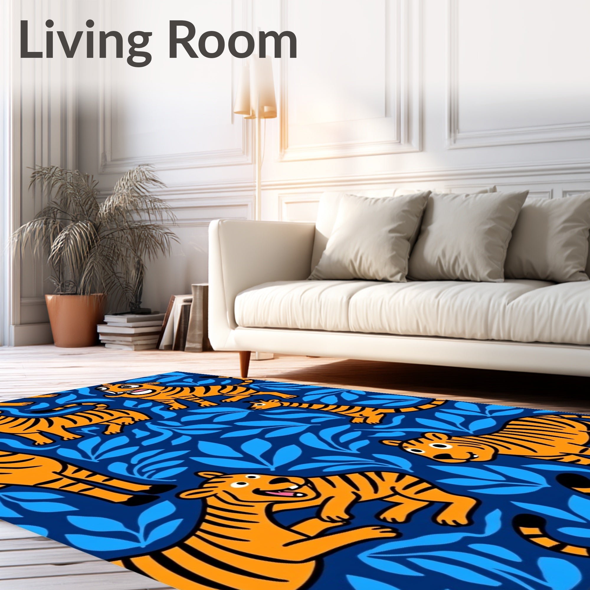 Orange Tigers Blue Leaves Jungle Rug