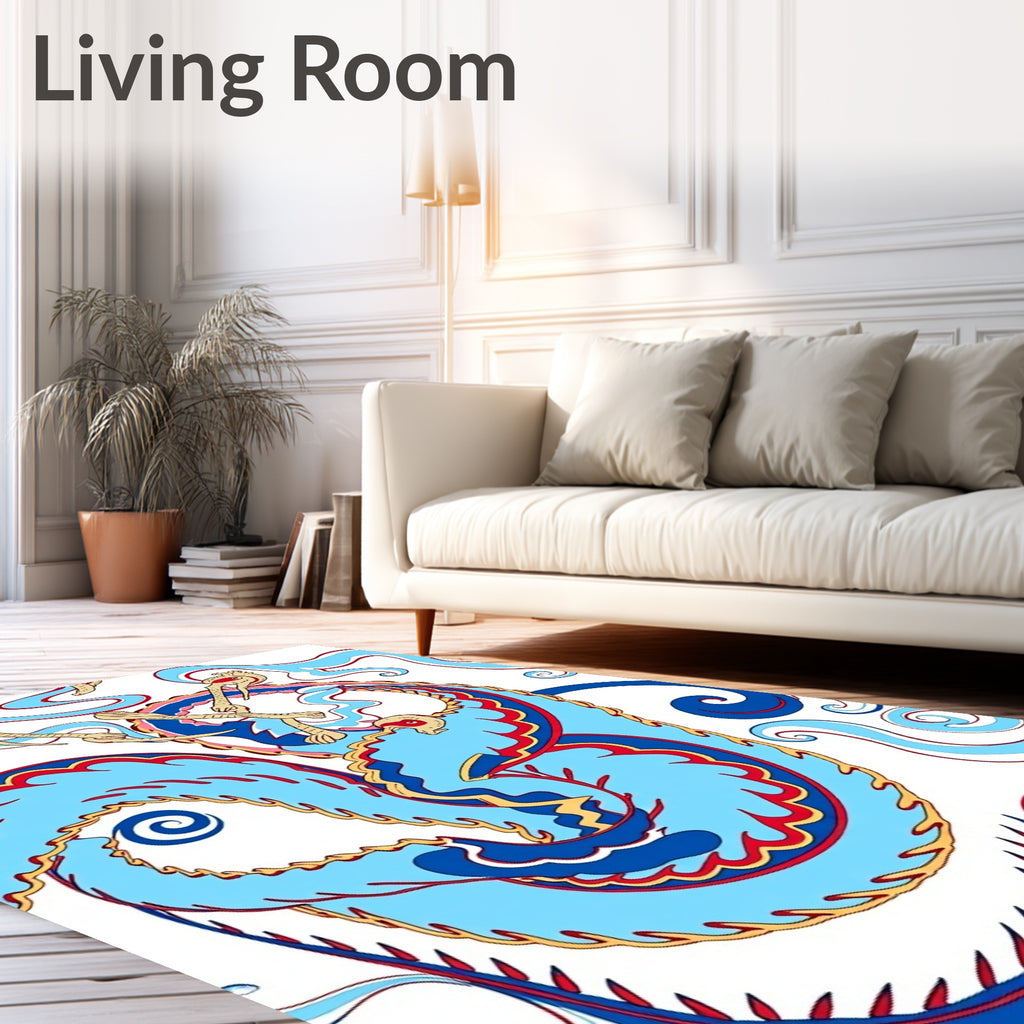 Sky Blue Red Golden Dragon Swirl Rug