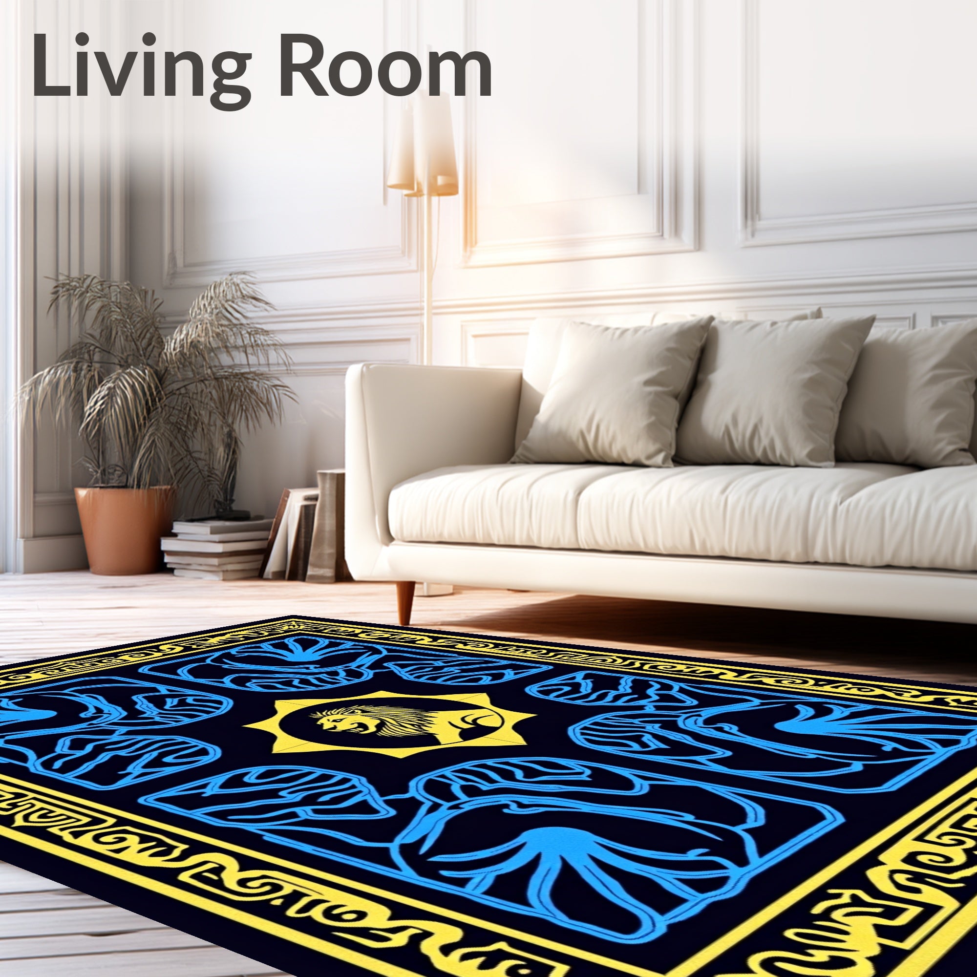 Royal Lion Yellow Blue Frame Rug