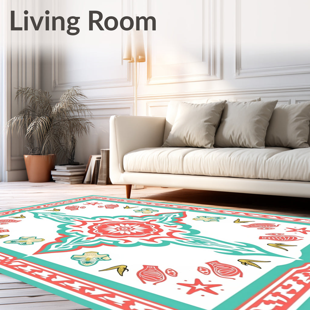 Coral Teal Floral Starburst Medallion Rug