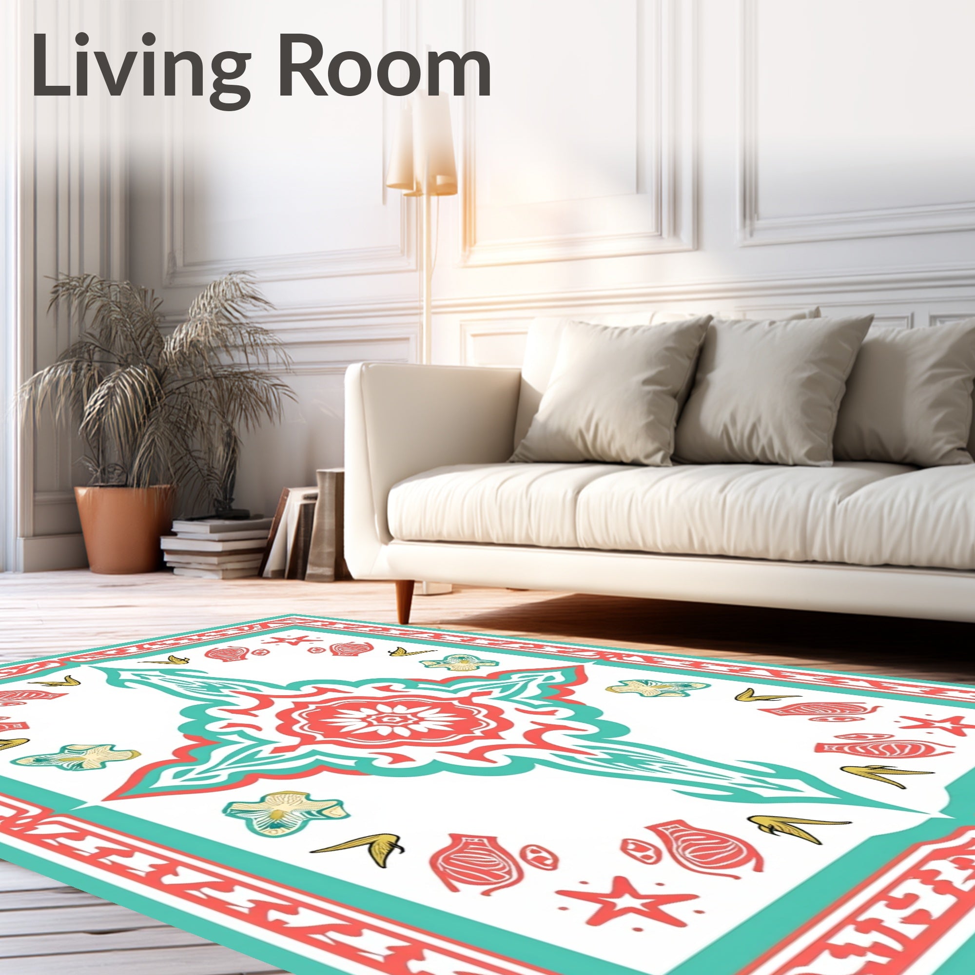 Coral Teal Floral Starburst Medallion Rug