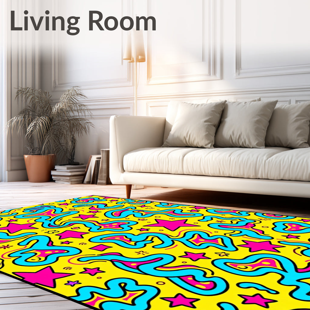 Retro Yellow Blue Pink Swirl Stars Rug