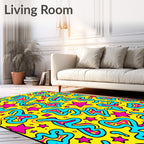 Retro Yellow Blue Pink Swirl Stars Rug