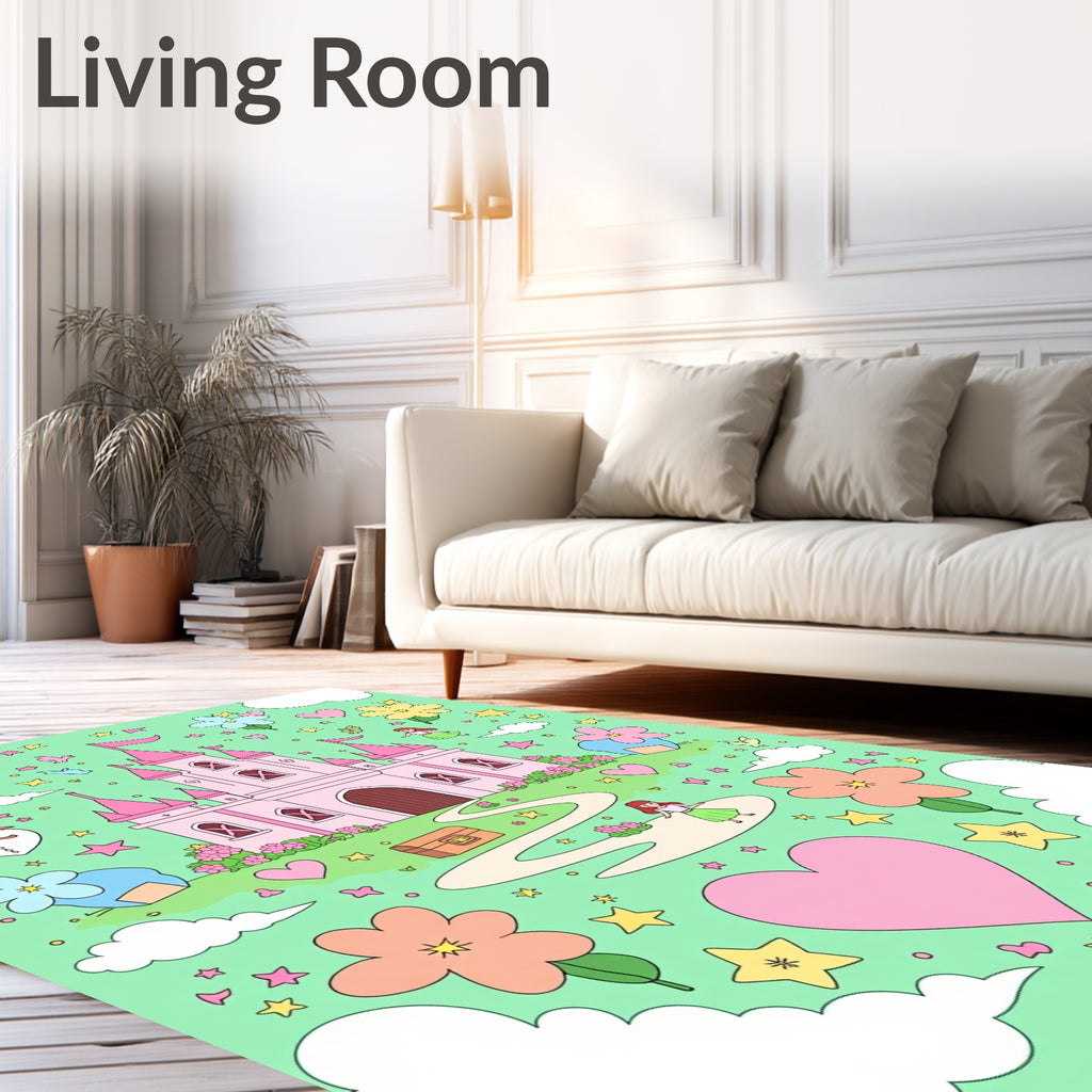 Pink Castle Fairy Tale Heart Flowers Rug