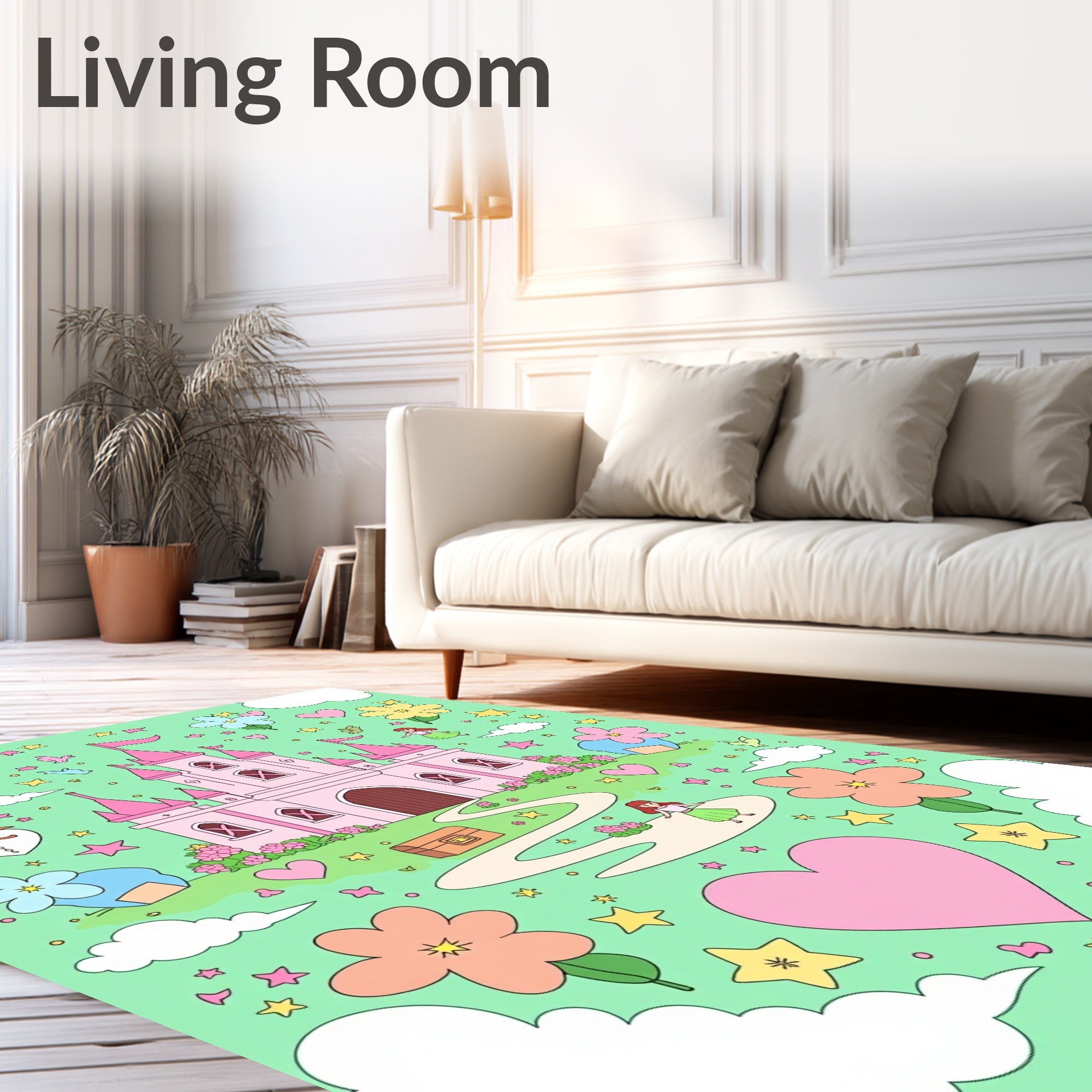 Pink Castle Fairy Tale Heart Flowers Rug
