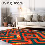 Red Teal Maze Whimsical Symbols Rug