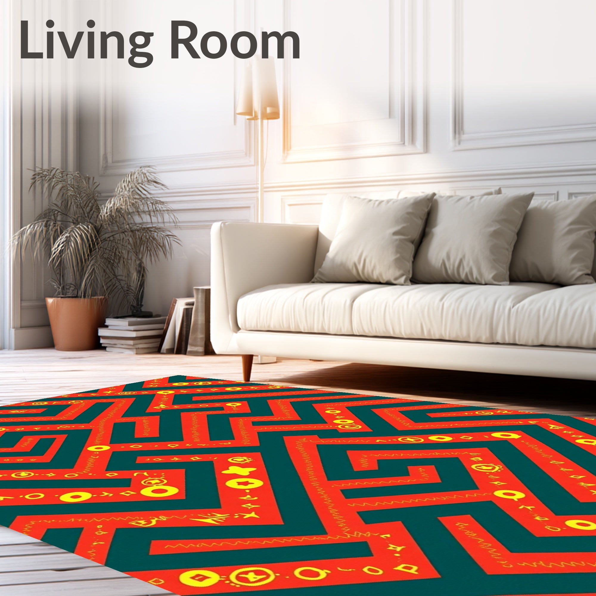 Red Teal Maze Whimsical Symbols Rug