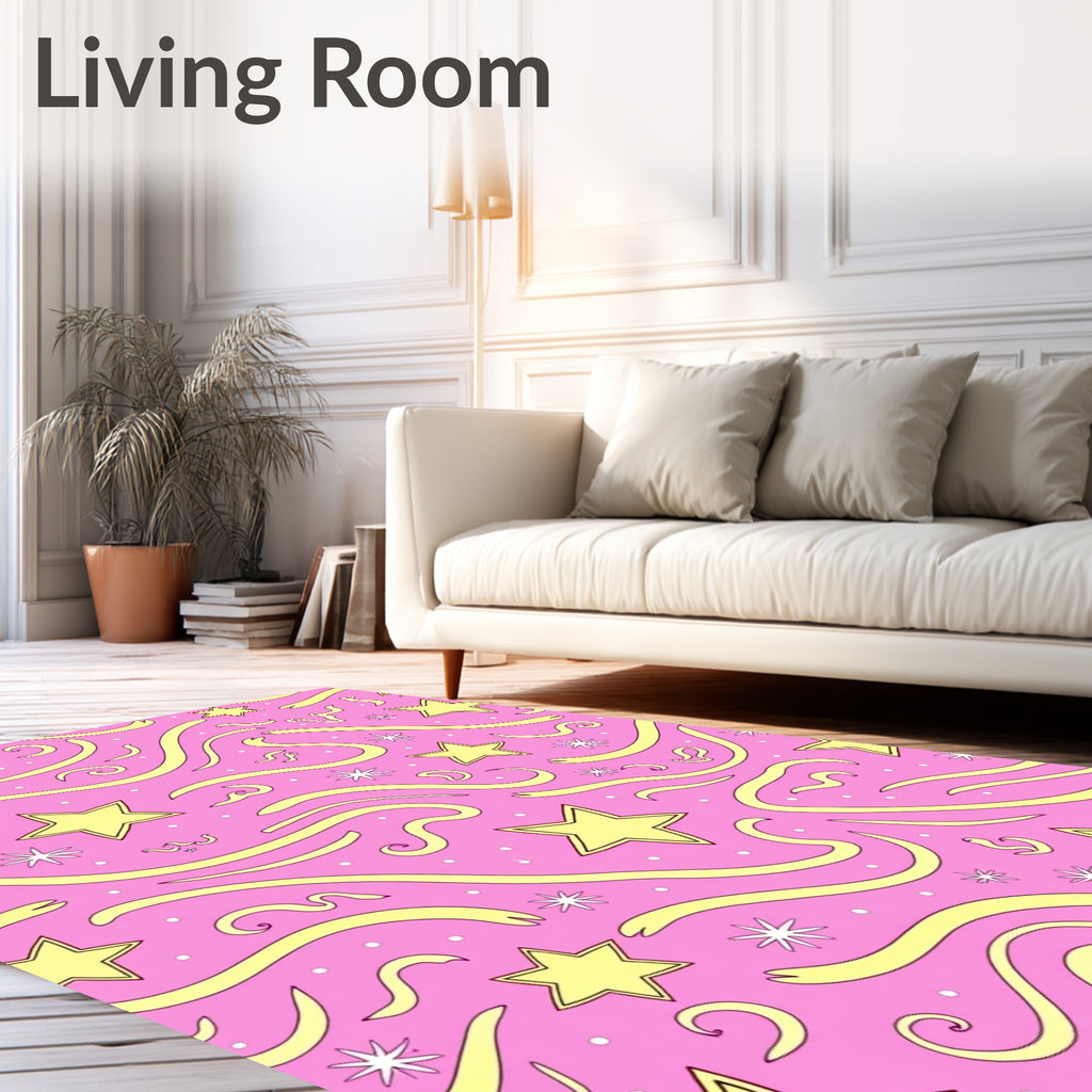 Whimsical Yellow Star Swirl Pink Rug