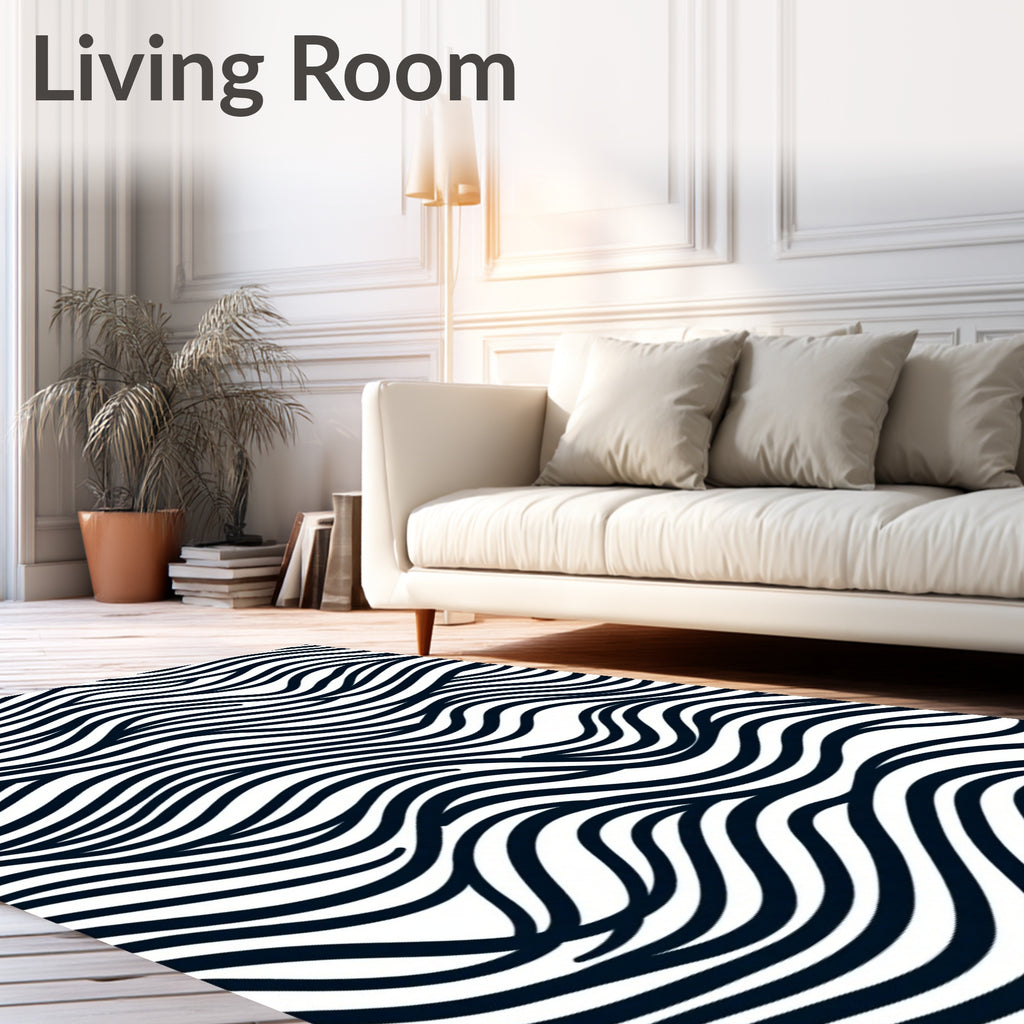Modern Black White Wave Lines Rug