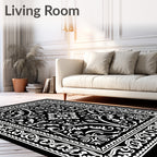 Black White Intricate Floral Scroll Rug