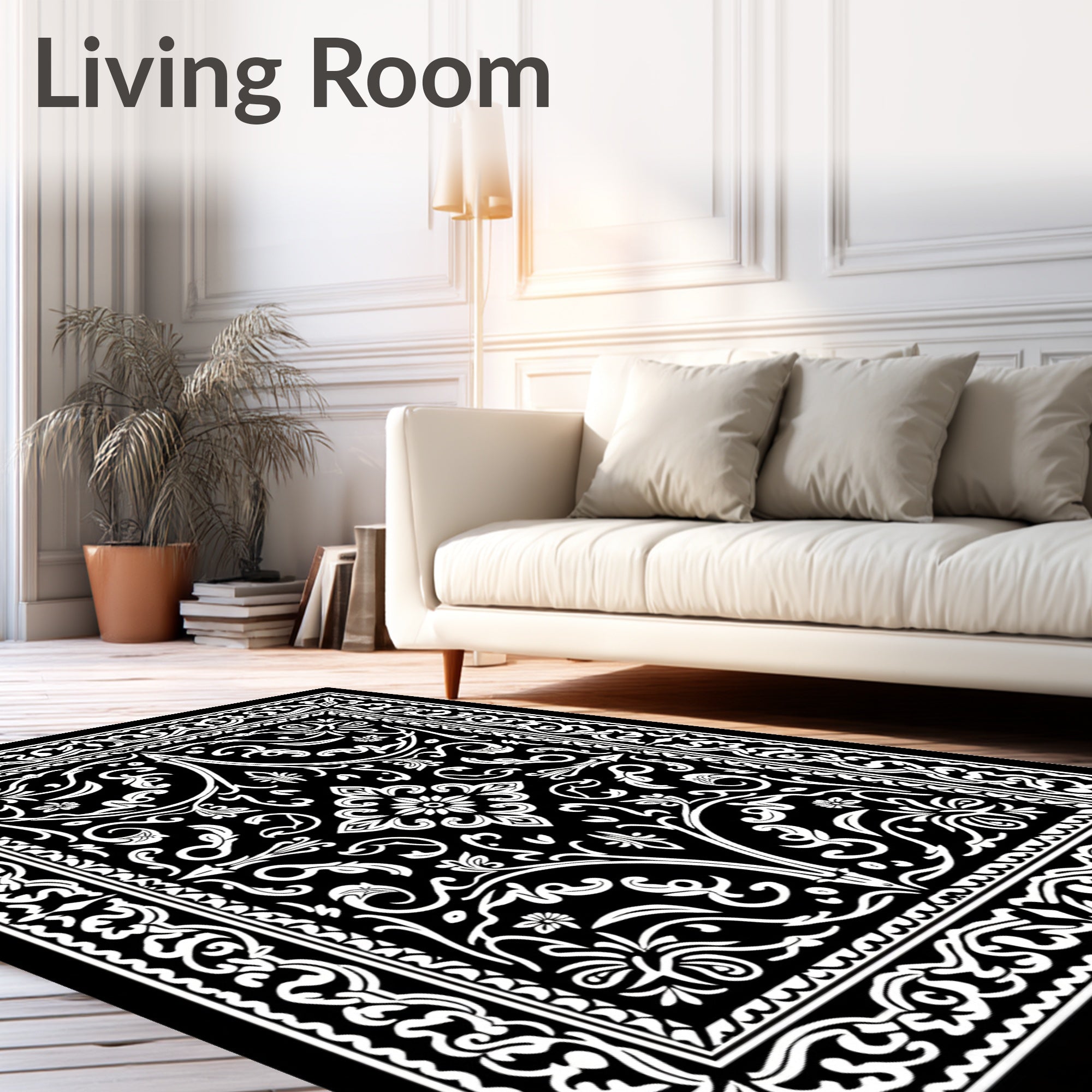 Black White Intricate Floral Scroll Rug