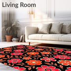 Crimson Coral Floral Vine Black Rug