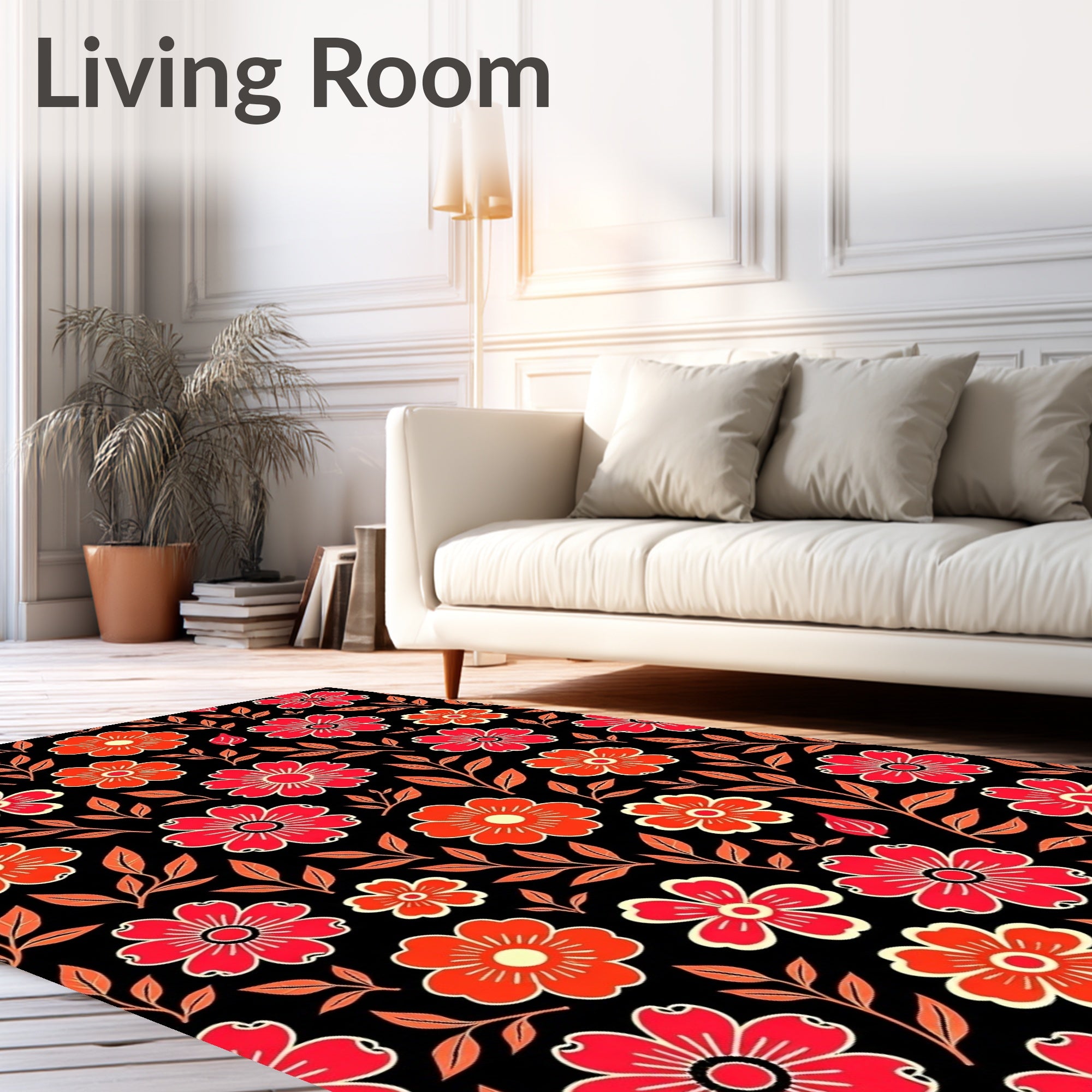 Crimson Coral Floral Vine Black Rug