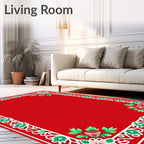 Crimson Floral Border With Green Leaves Rug